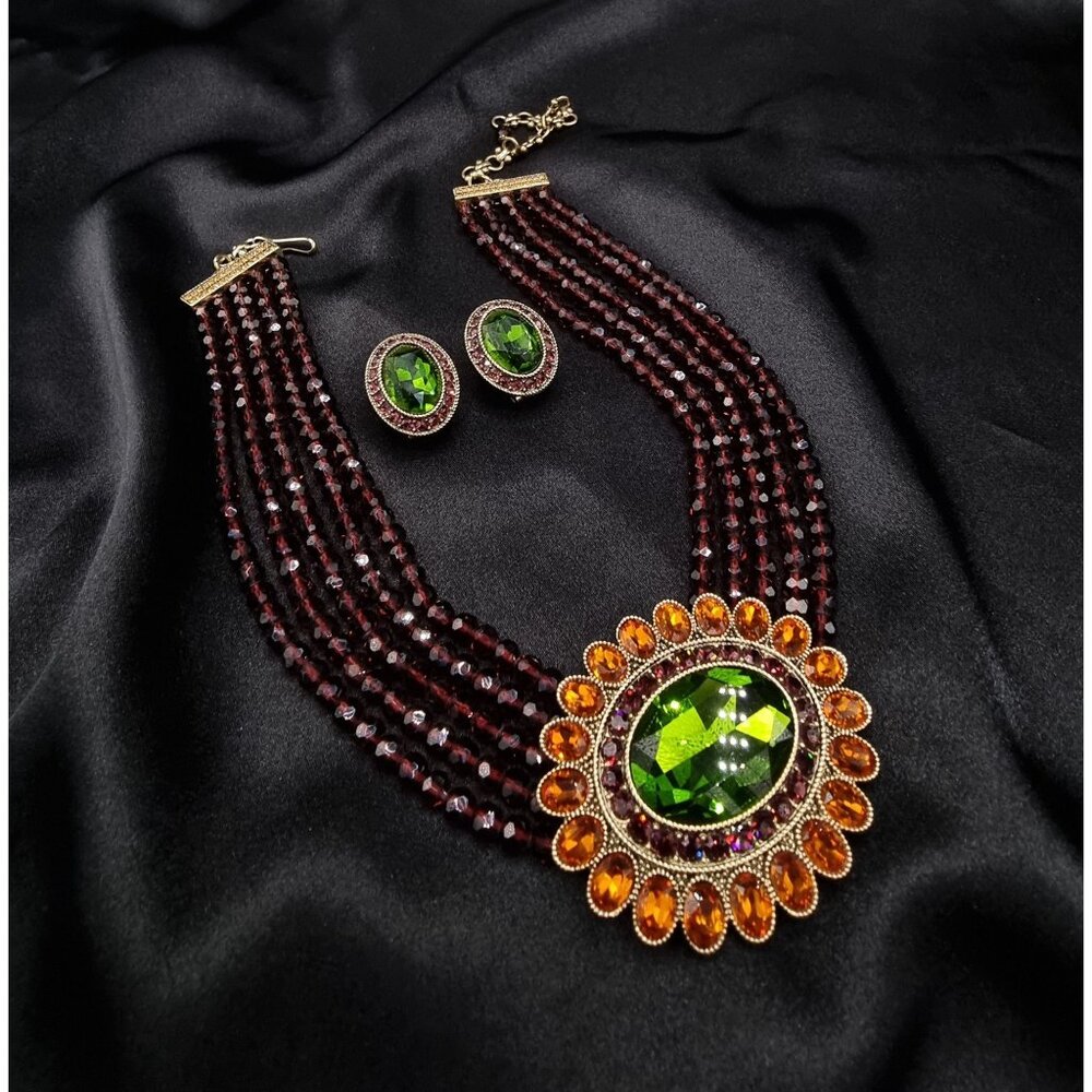 Heidi Daus Statement Necklace & Earrings Set W/ Glass Beads & Crystal Accents In